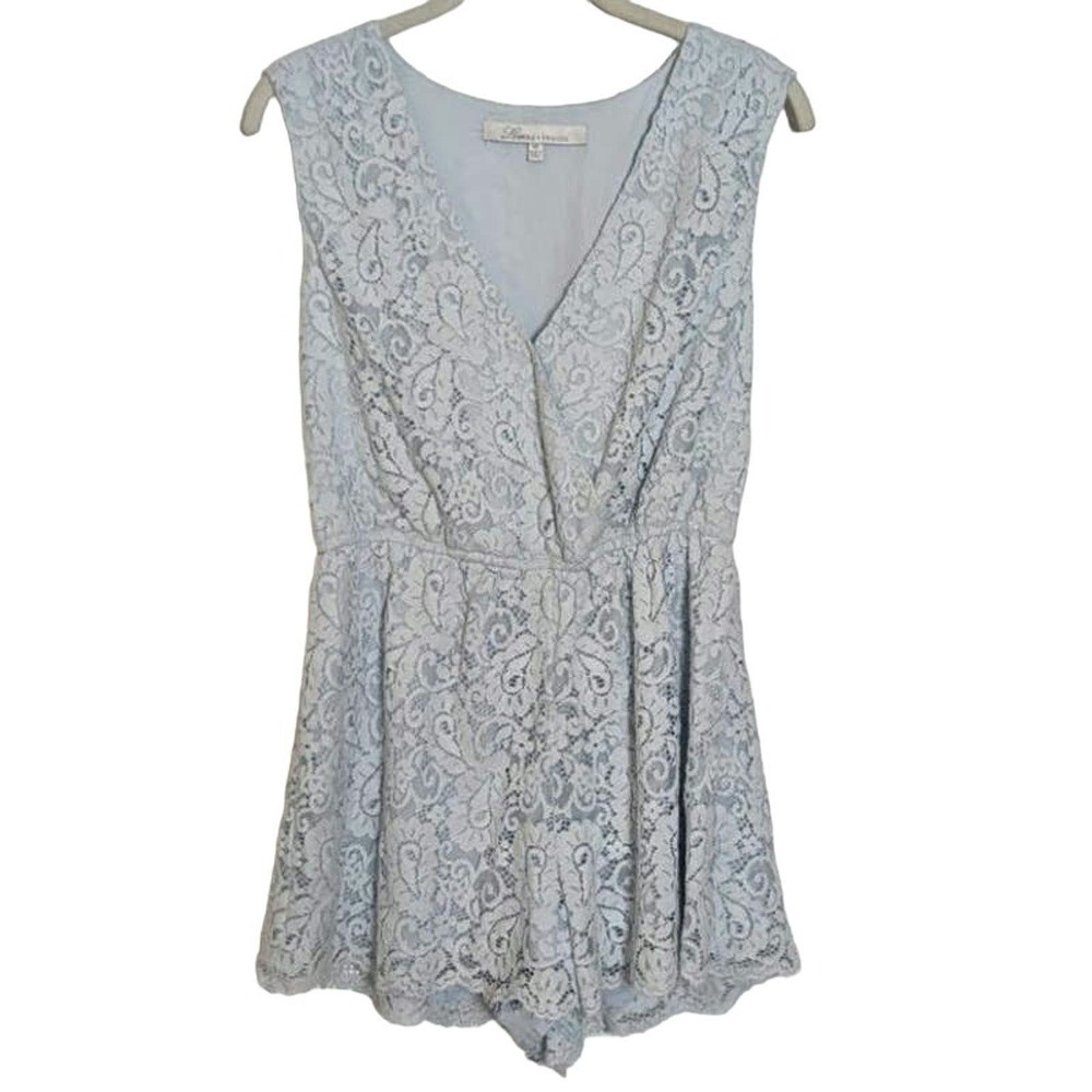Lovers + Friends Light Blue Crochet Lace Sleeveless v-neck Plunge Romper Medium
